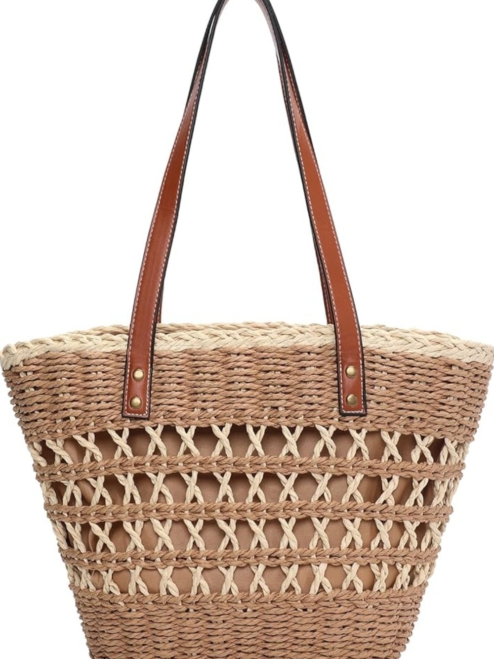 Woven Straw Tote Bag with Brown Leather Handles - Picture 2 of 7
